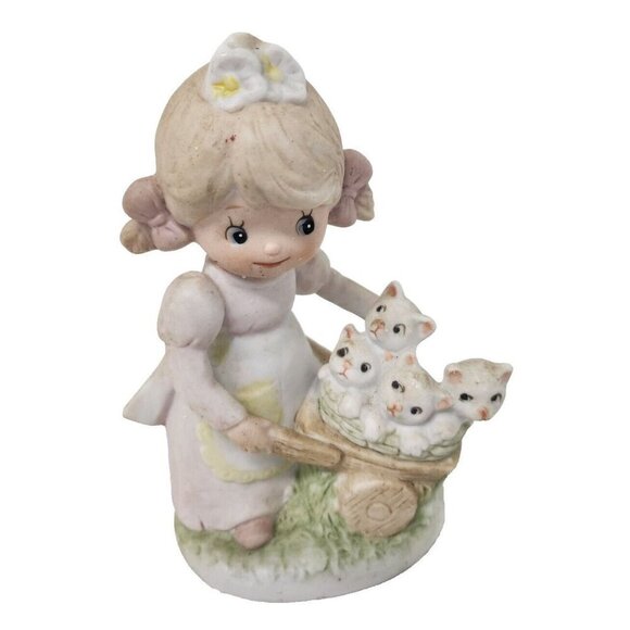 Vintage Homco Little Girl With A Wheelbarrow Full Of Kittens Porcelain Figurine - Picture 1 of 9